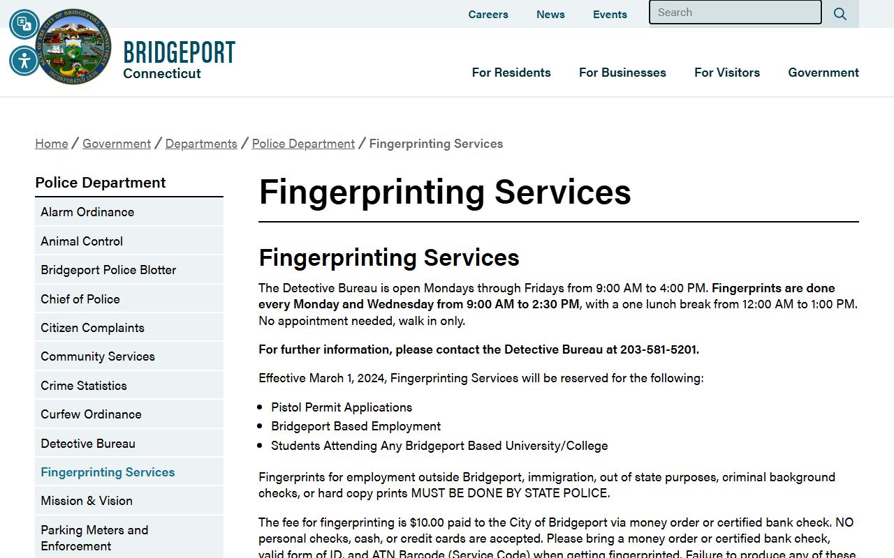 Bridgeport Police fingerprinting services
