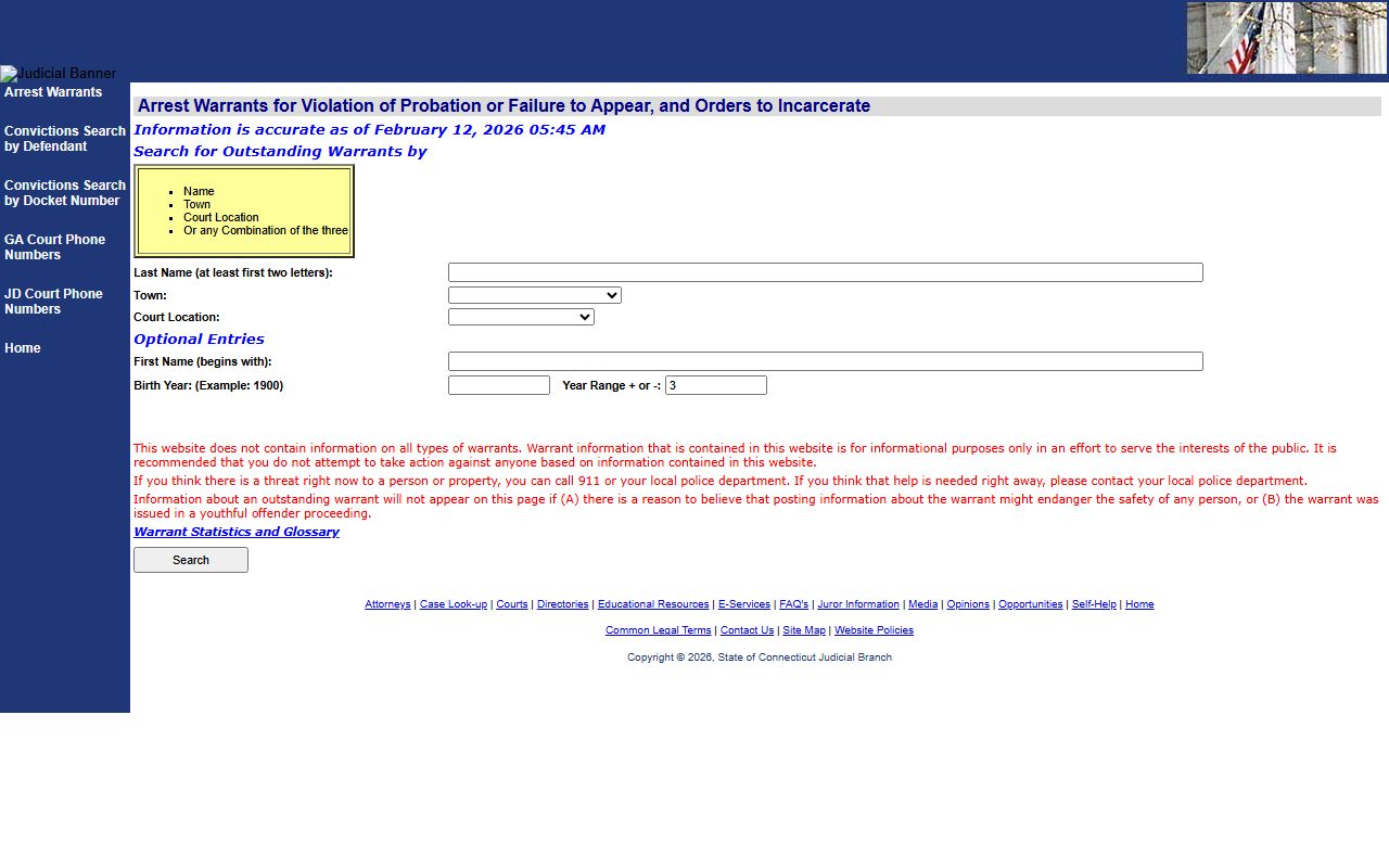 Connecticut arrest warrants search system